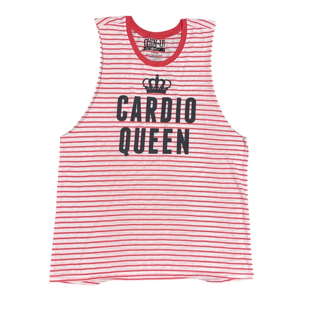 Chin-Up Apparel Cardio Queen Striped Muscle Tank Top Red White Womens Large‎